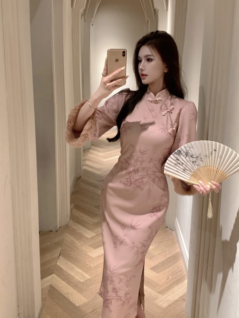 實拍幽幽百合新中式改良旗袍裙女秋冬國風女裝古風白色連衣裙