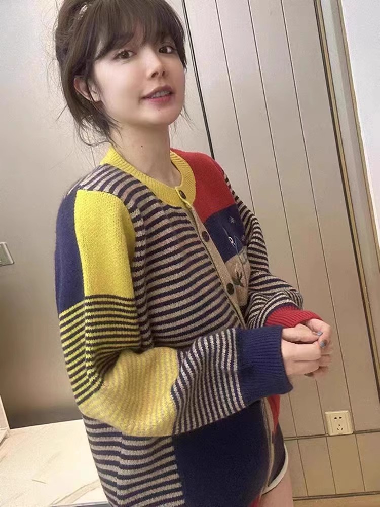 復古撞色條紋針織衫上衣2023韓版寬鬆可愛減齡慵懶風刺繡毛衣外套
