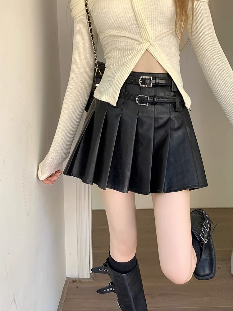 辣妹百褶半身裙女秋季2023新款韓系設計感雙皮帶個性高腰百搭皮裙
