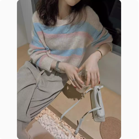 秋冬羊毛衫圓領套頭復古時髦流行針織衫溫柔甜美撞色條紋打底毛衣