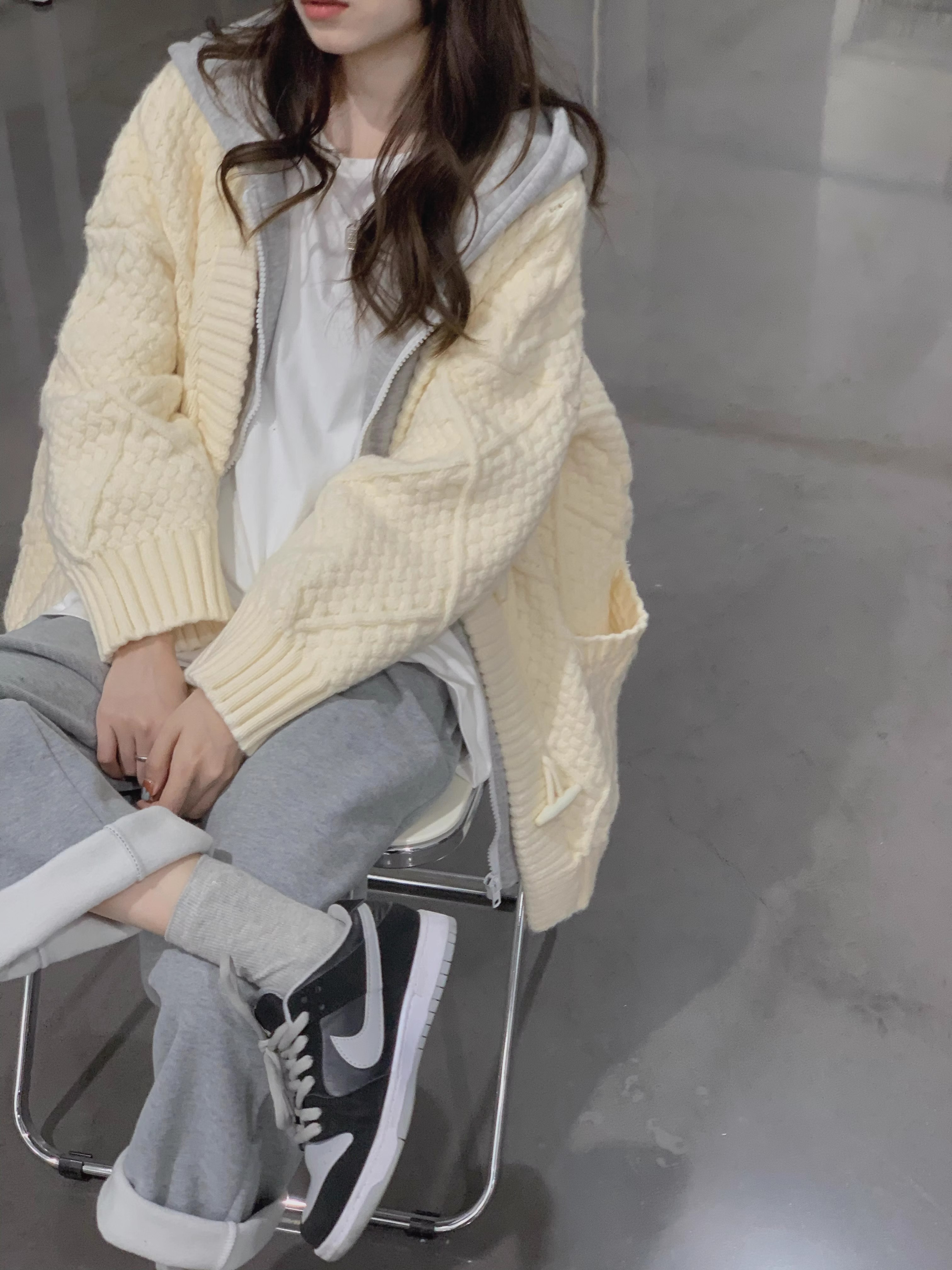 假兩件拼接連帽毛衣外套女秋冬季設計感小眾寬鬆慵懶風針織開衫