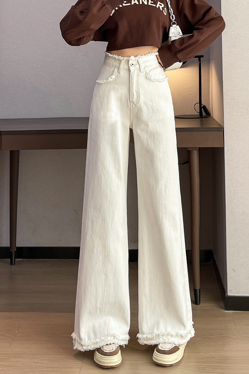 實拍2023秋冬加絨新款微喇牛仔褲女高腰時尚直筒寬鬆闊腿拖地褲