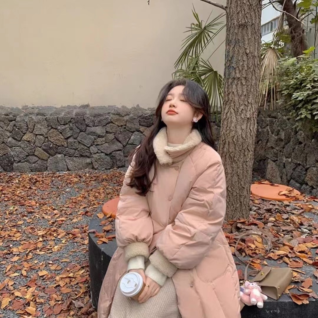 花栗鼠小姐 雪寶拼接羊羔毛羽絨服女小個子中長款收腰外套