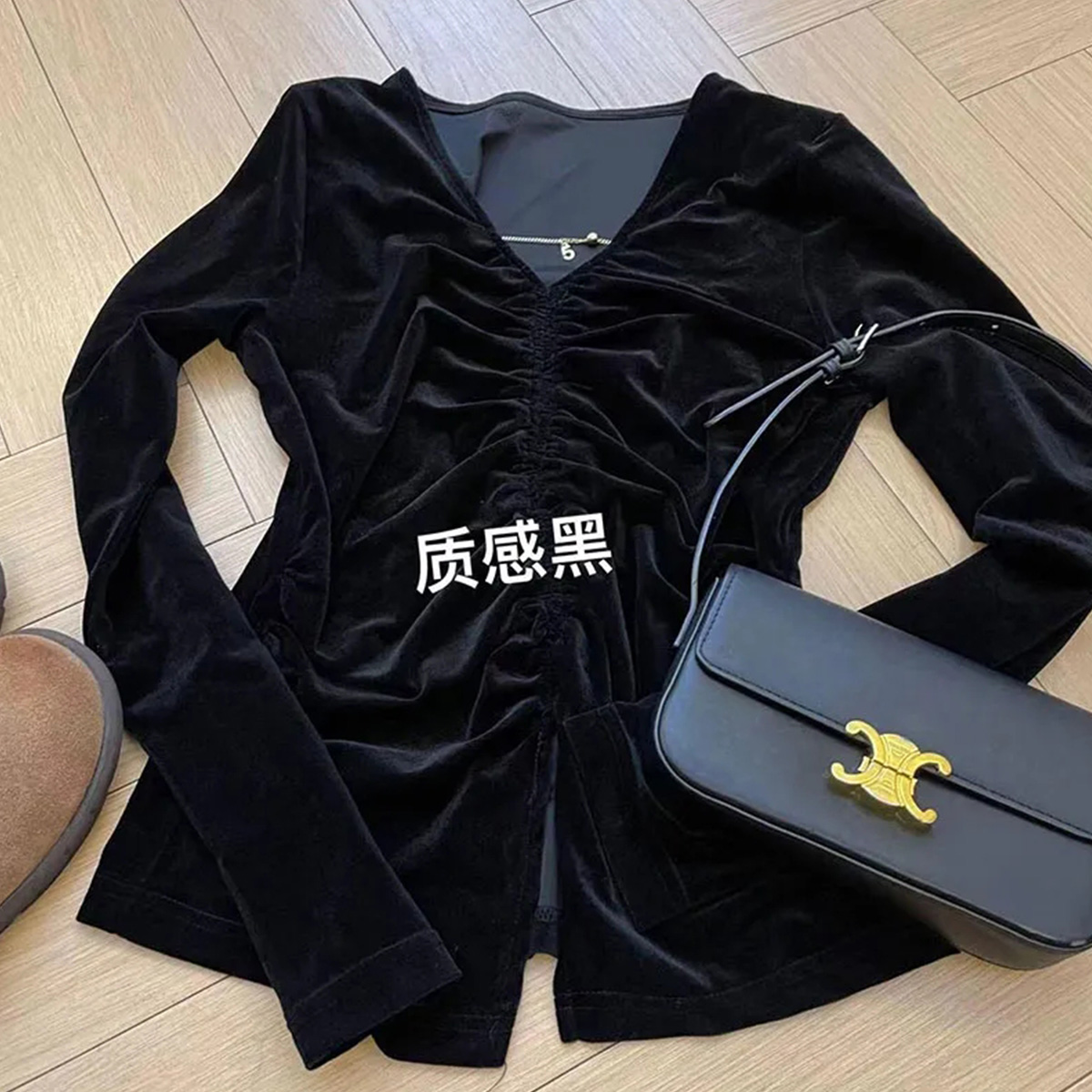 質檢官圖2023春秋季新款氣質V領襯衫女褶皺復古百搭顯瘦上衣潮