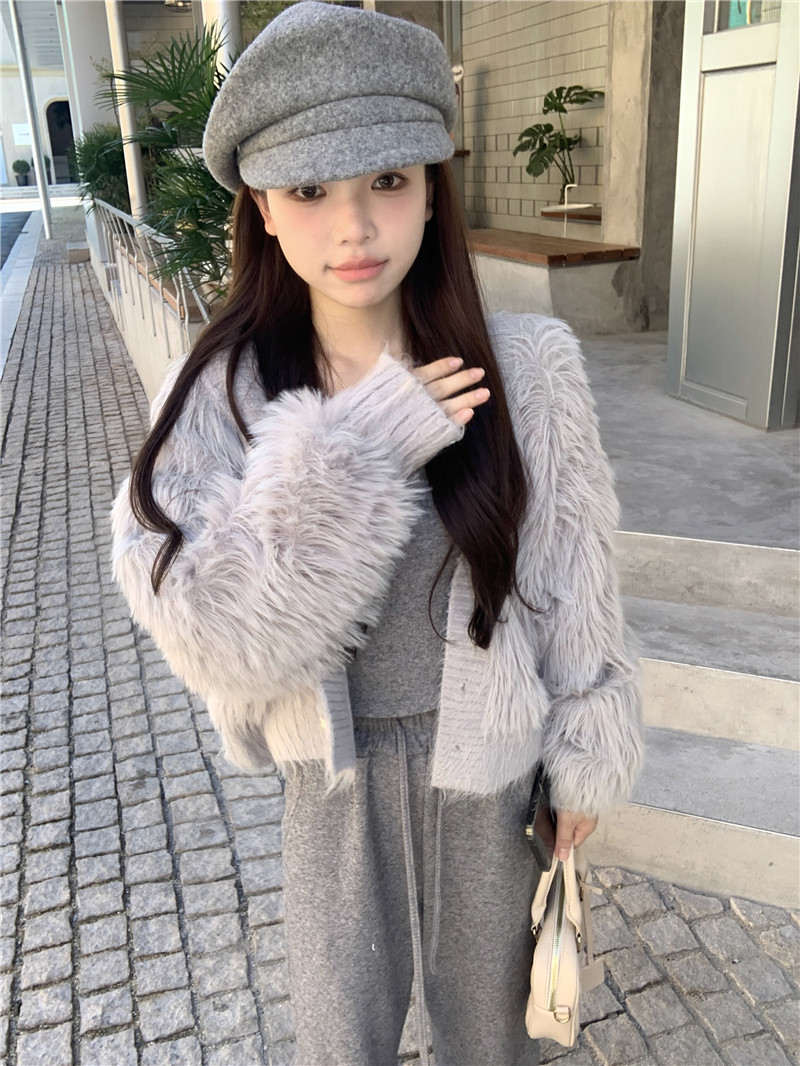 實拍仿皮草軟糯毛毛設計感加厚秋冬針織毛衣開衫
