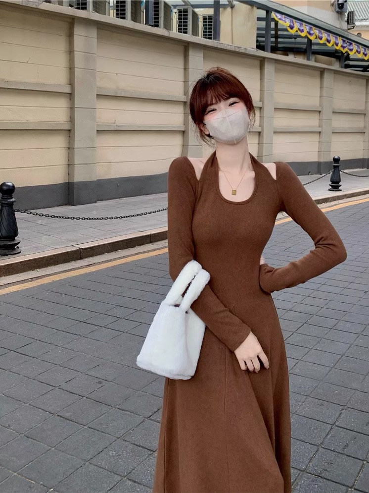 德絨韓版長袖掛脖連衣裙設計感長裙女秋打底裙潮