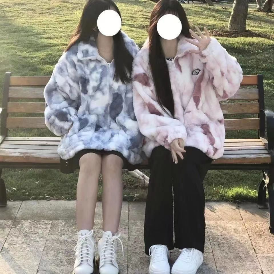 扎染羊羔毛外套女高級感冬季加厚羊羔絨上衣潮ins