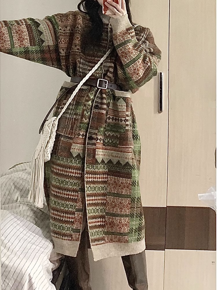 毛衣女秋冬慵懶風復古寬鬆百搭撞色拼接高領針織衫中長款