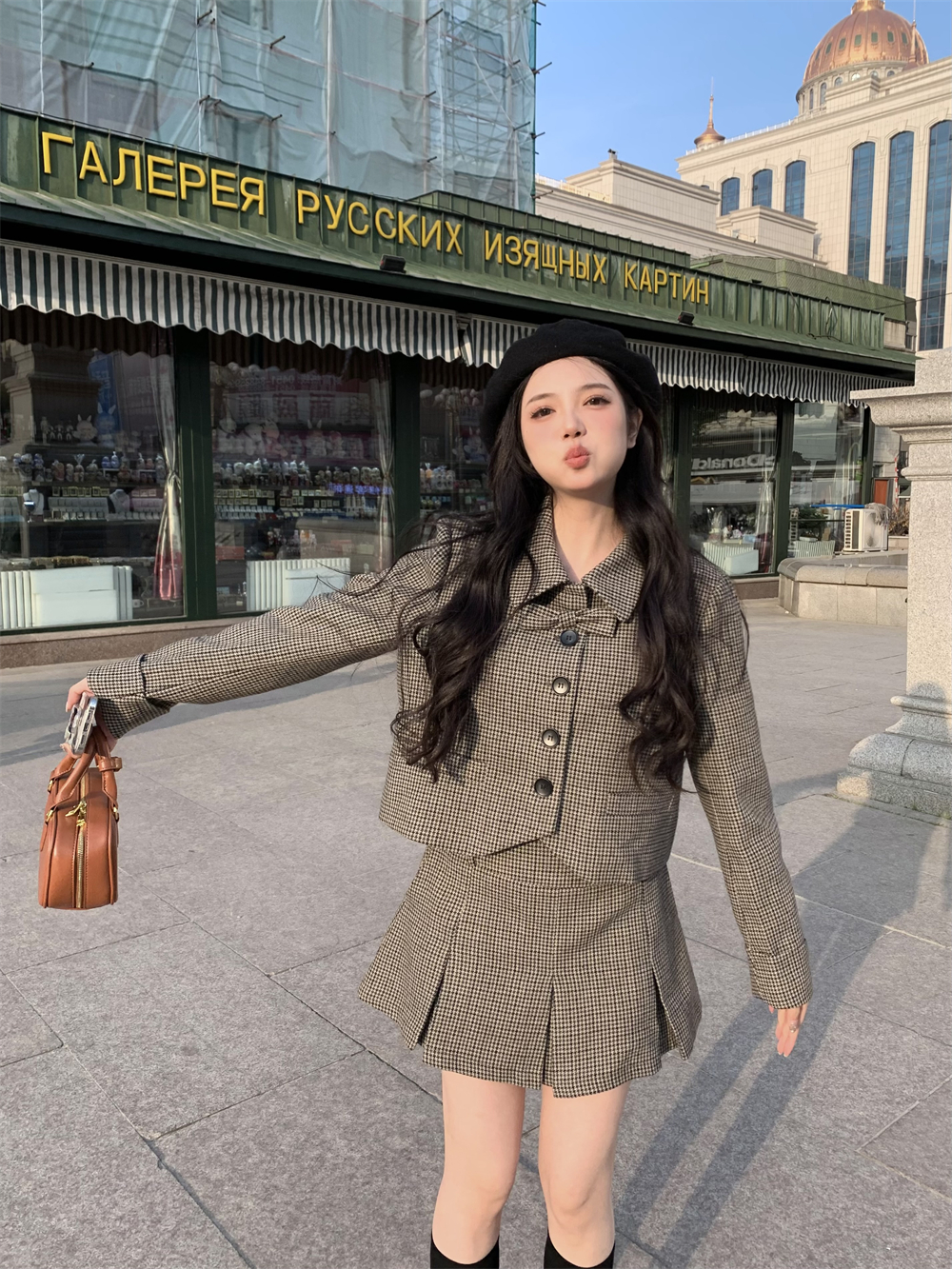 實拍留洋千金千鳥格套裝秋冬英倫風復古格紋百褶裙套裝女