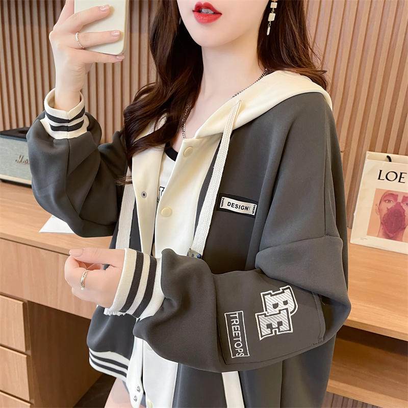 實拍華棉複合牛奶絲棒球服2023新款秋冬設計感寬鬆連帽衛衣女
