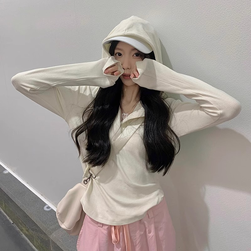 不規則連帽長袖t恤女秋冬內搭修身顯瘦短款打底衫小眾別致上衣