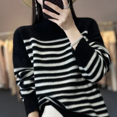韓版時尚慵懶風羊絨衫女半高領黑白條紋長袖顯瘦寬鬆套頭外穿毛衣