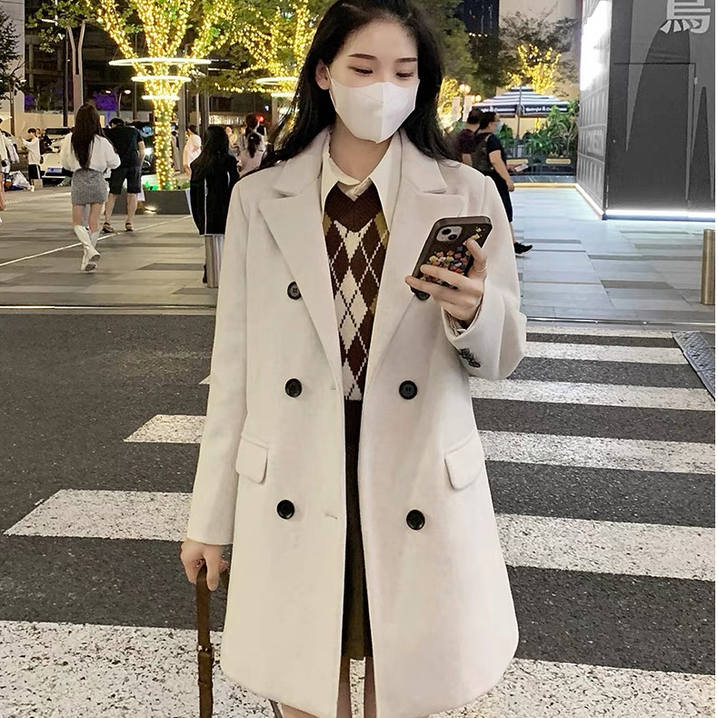 黑色毛呢外套女中長款2023秋冬新款赫本風正肩西裝呢子大衣小個子