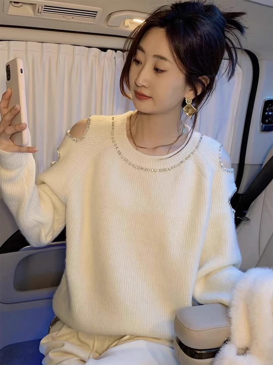 秋季美拉德穿搭設計感毛衣女2023新款圓領露肩長袖針織打底衫上衣