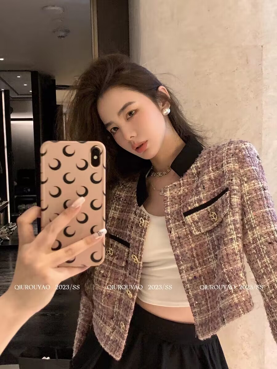 Qiu Rouyao Autumn new stand-up collar plaid small fragrance design niche high-end versatile slim short coat for women