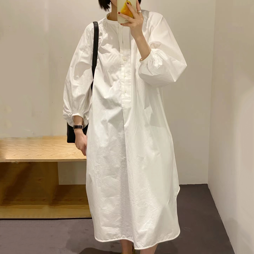 春秋季新品女裝法式休閒版型立領泡泡袖襯衫連衣裙