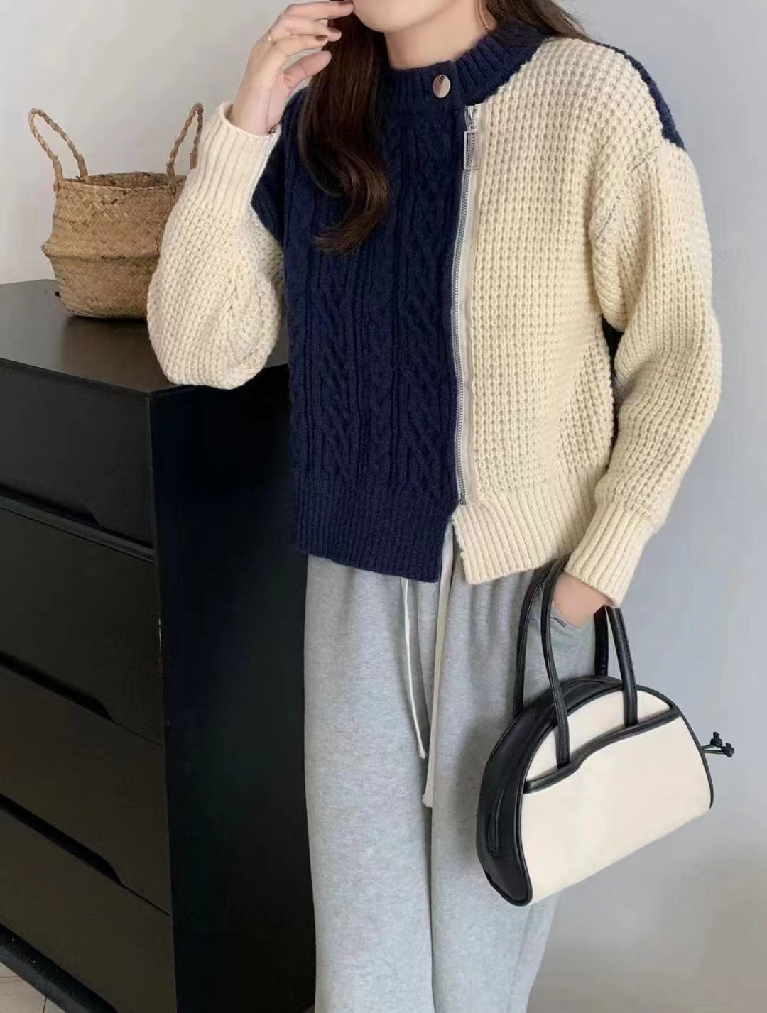 慵懶風高級感復古拉鏈針織毛衣女外套秋冬短款設計感拼接減齡上衣