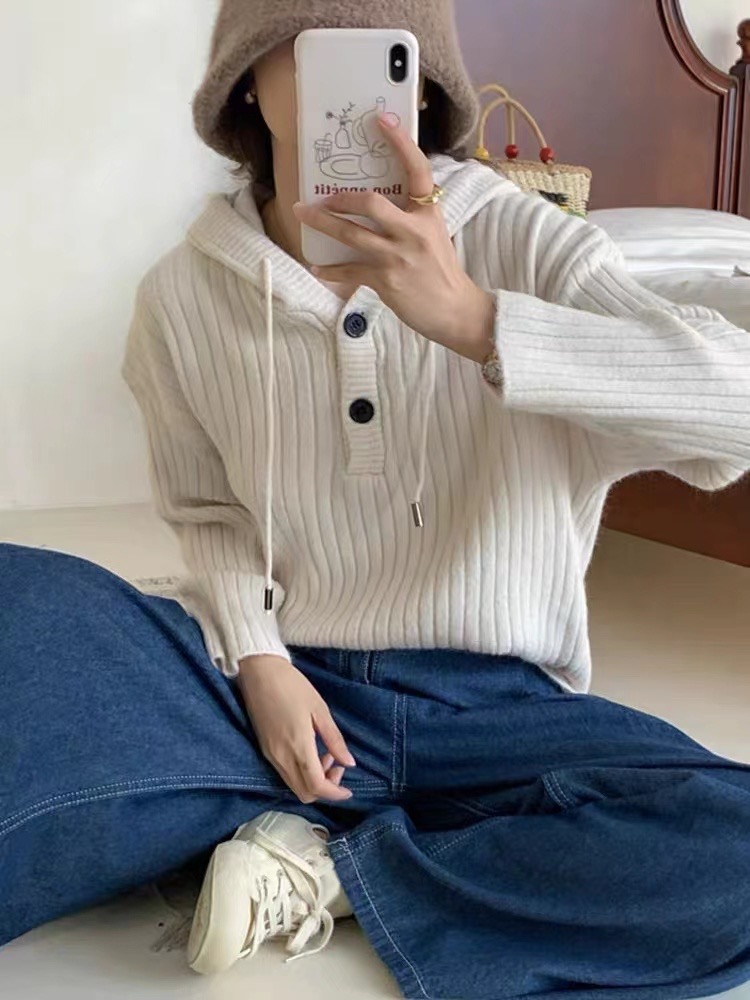 秋冬新款坑條連帽毛衣女寬鬆軟糯慵懶寬鬆內搭外穿針織衫衛衣外套