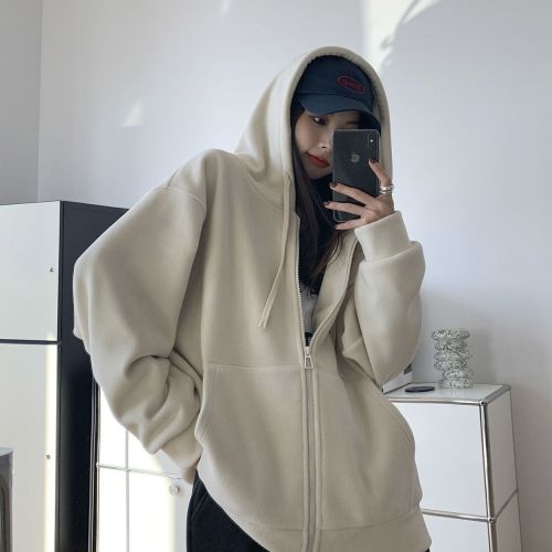 Loose and lazy style hooded sweatshirt for women in autumn and winter new thickened polar fleece zipper cardigan jacket for women to wear outside in autumn