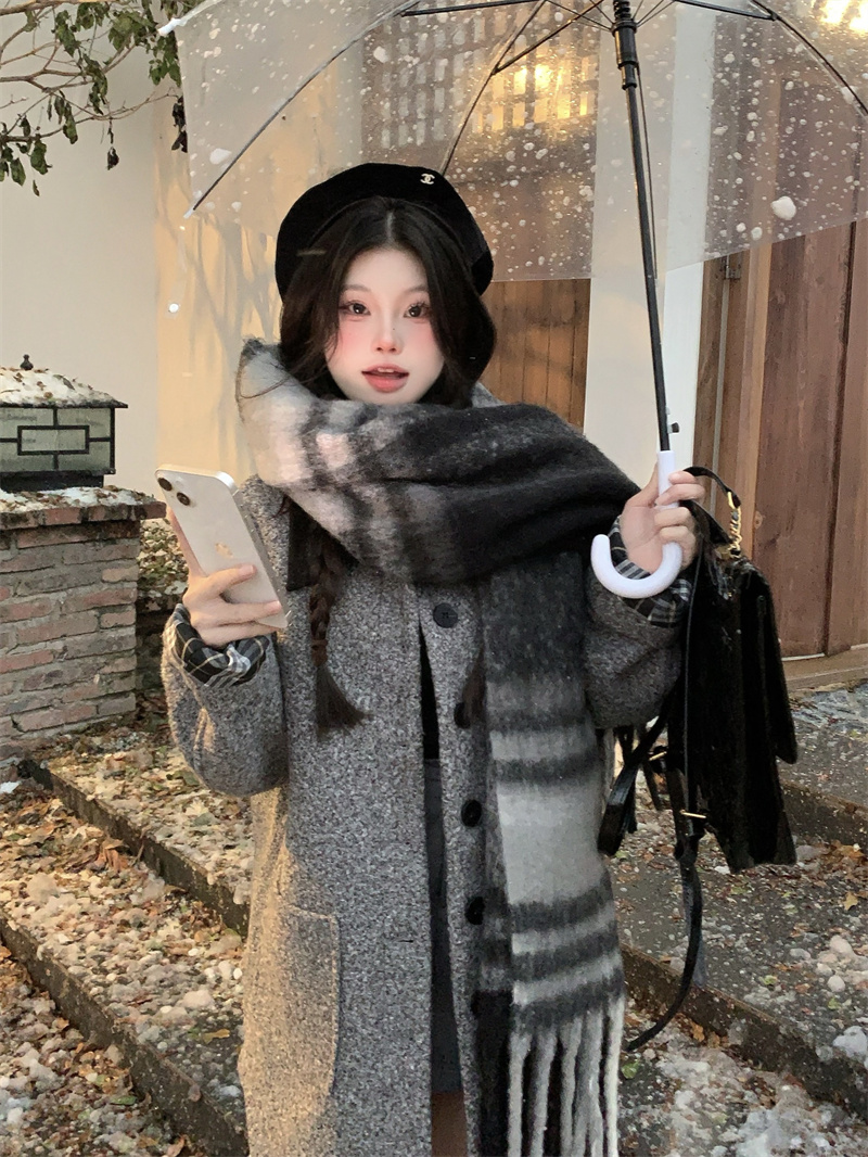 實拍~秋冬加厚寬鬆韓系穿搭氣質高級灰毛呢大衣外套女