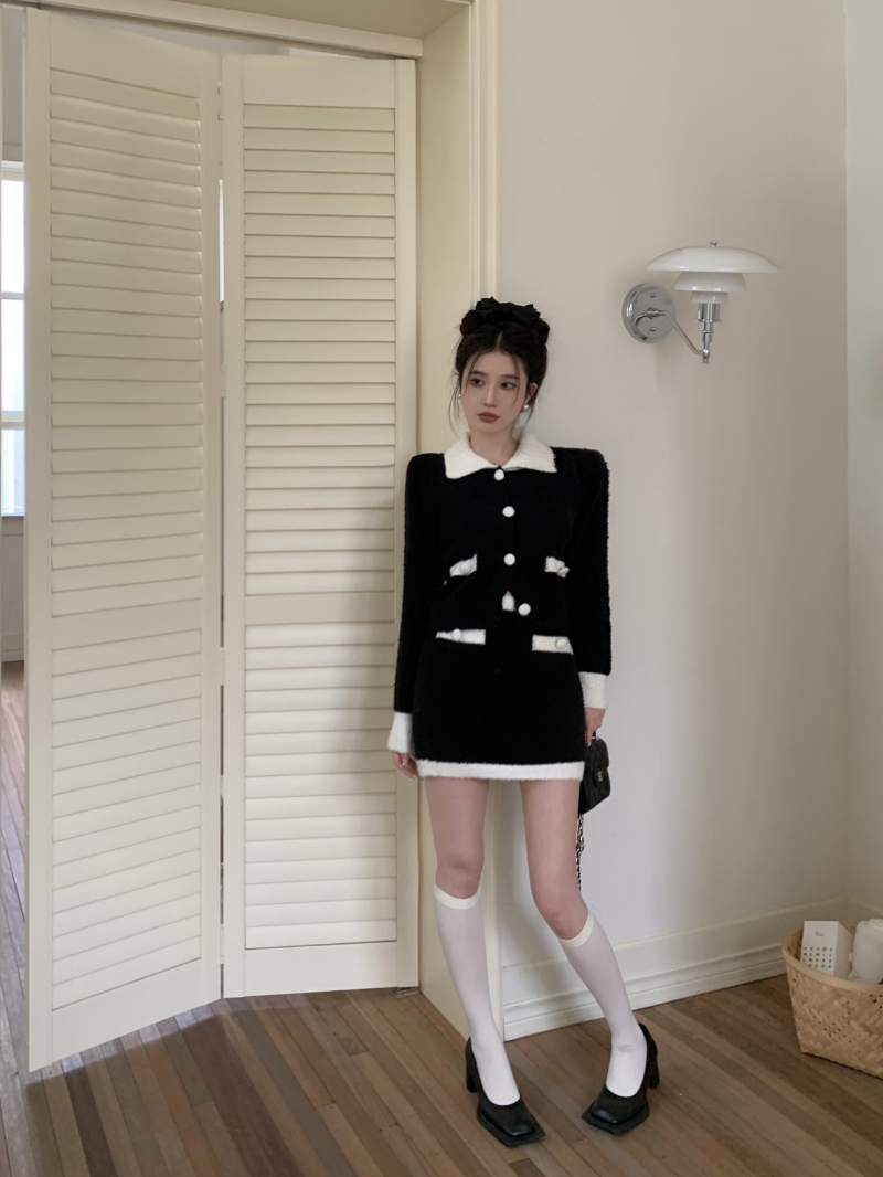 實拍 小香風套裝裙拼色毛絨法式高級感冬兩件套奶系套裝