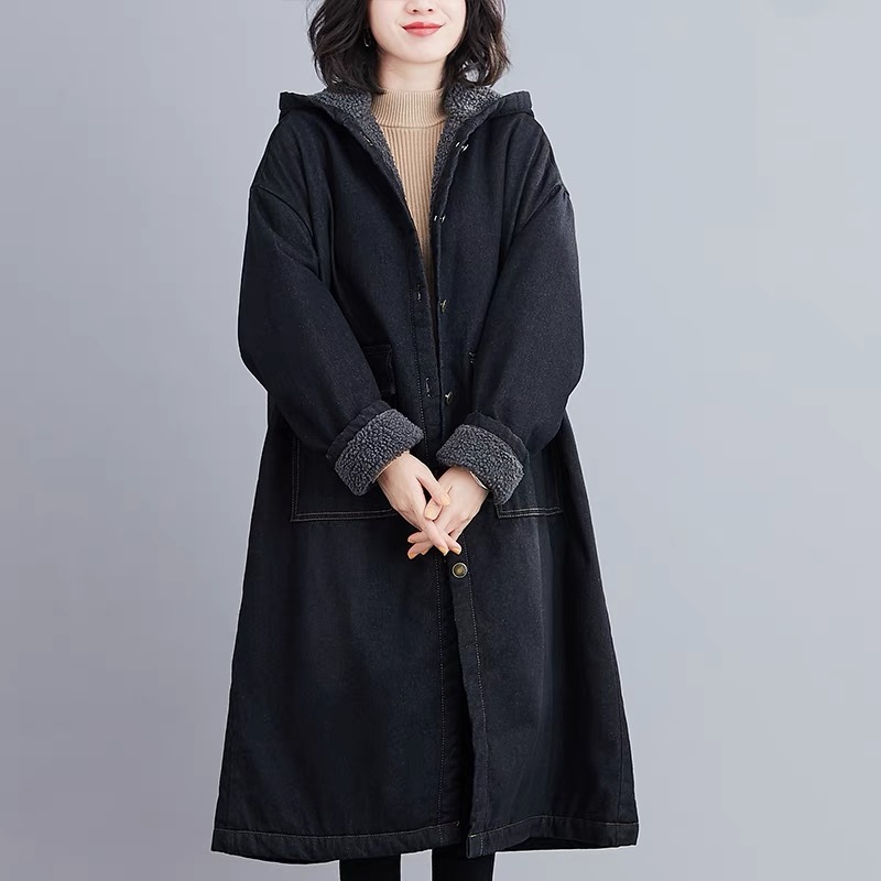 加絨加厚寬鬆棉服牛仔外套女裝保暖連帽棉衣中長款風衣女潮