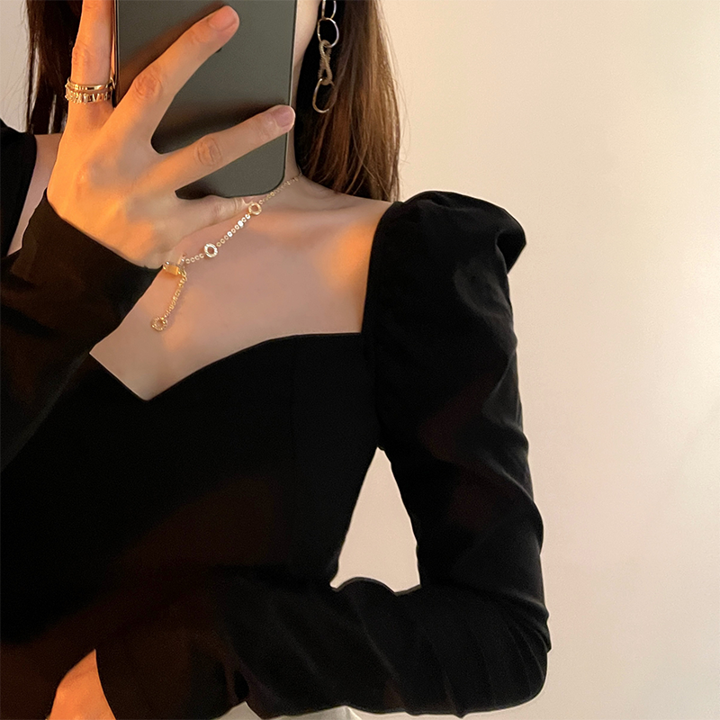 法式黑色方領春秋打底衫女款泡泡袖內搭長袖T恤性感修身鎖骨上衣