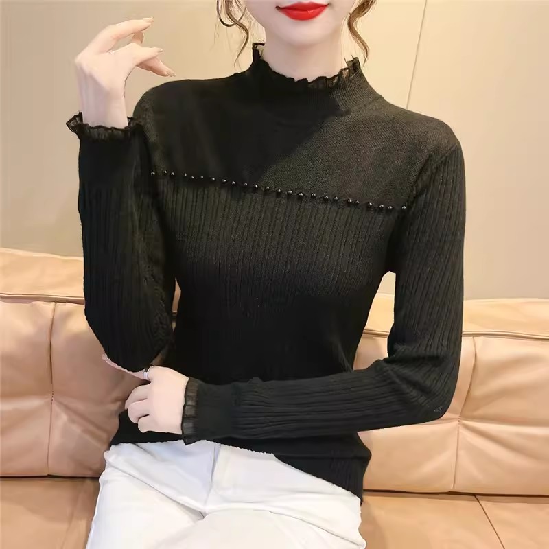 2023秋冬新款甜美萬能打底衫女毛衣半高領修身蕾絲內搭針織衫上衣