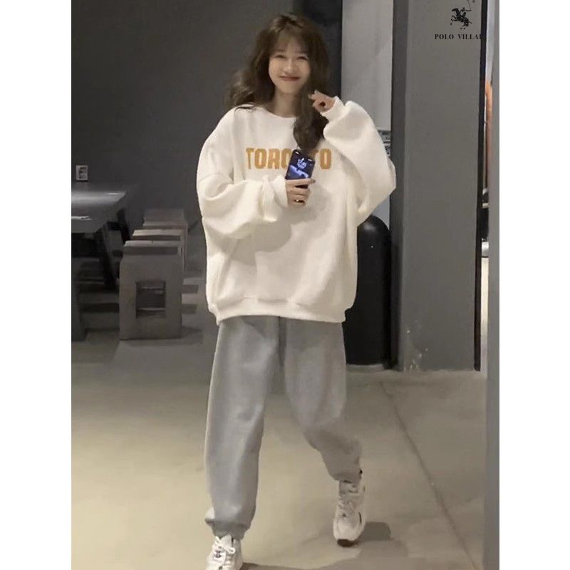 加絨2023新款無帽白色衛衣女長袖秋冬復古小個子上衣女款美式