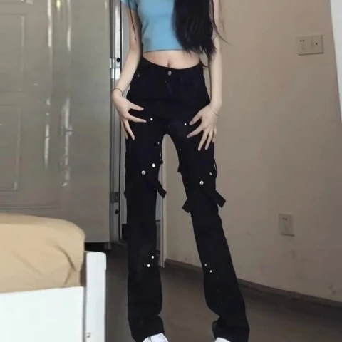 美式高街vibe風小眾綁帶微喇叭牛仔長褲女直筒褲潮牌黑色褲子ins