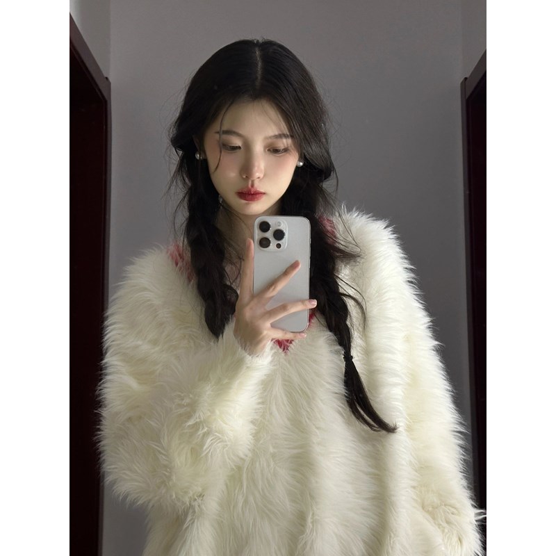 軟糯奶呼呼白色v領水貂絨毛衣女秋冬設計感慵懶風韓系純欲針織衫