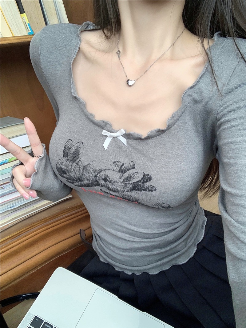 純欲甜辣妹方領長袖T恤女秋季兔子印花修身短款打底衫木耳邊上衣