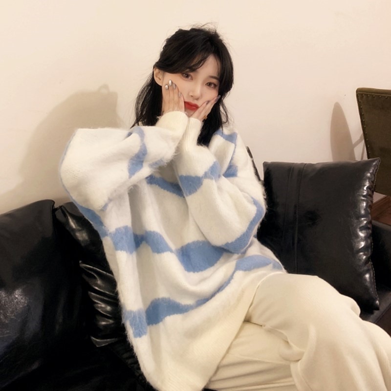 藍白條紋加厚仿貂毛衣女新款秋冬寬鬆外穿馬海毛慵懶風圓領針織衫
