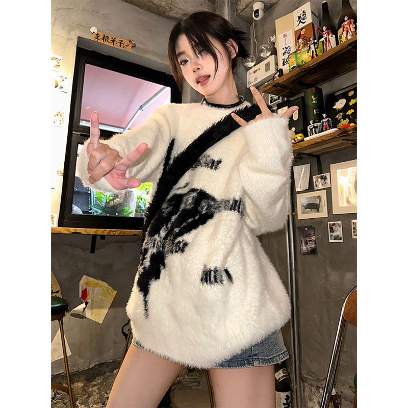 美式復古白色馬海毛毛衣女2023早秋款寬鬆長袖上衣蝴蝶提花針織衫