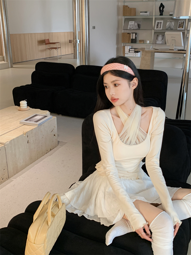 實拍 甜美長袖T恤打底衫網紗拼接掛脖上衣