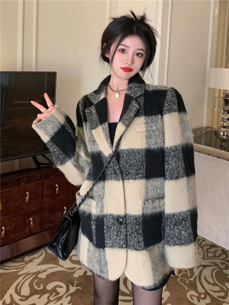 格子毛呢西裝外套女2023冬季新款韓系寬鬆加厚小個子復古呢子大衣