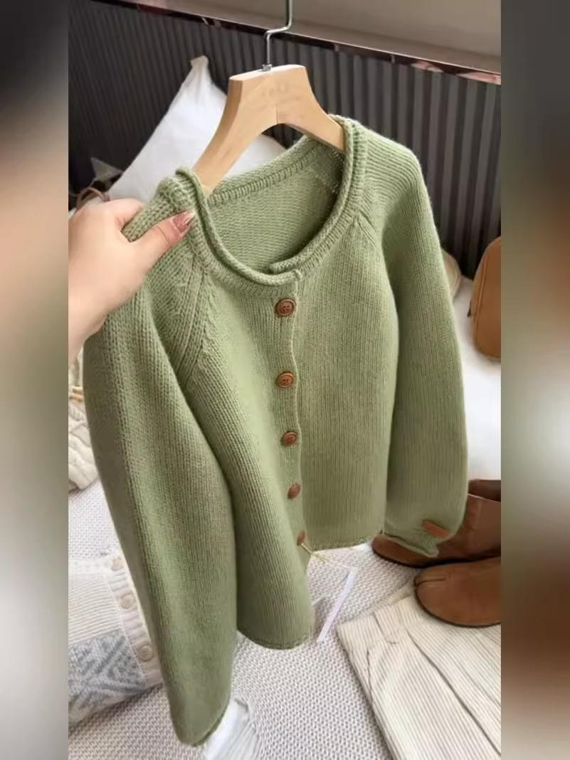 軟糯韓系慵懶風毛衣開衫女秋冬新款寬鬆圓領加厚溫柔氣質