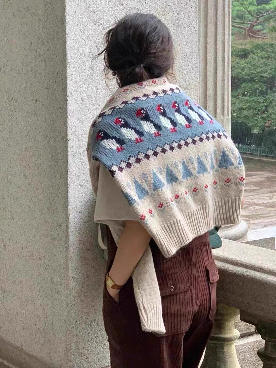 現~SOLD OUT韓國東大門2023秋冬復古小企鵝花紋百搭羊毛針織毛衣