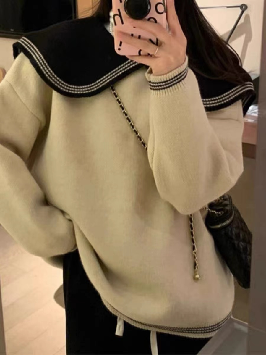 韓版撞色娃娃領毛衣女秋冬小個子慵懶風寬鬆軟糯甜美加厚針織上衣