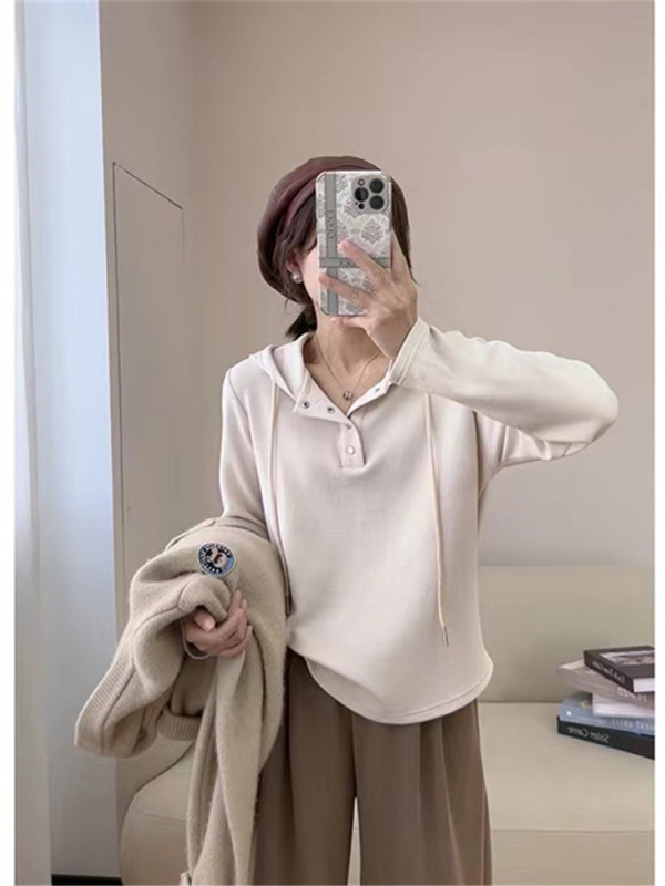 連帽抽繩衛衣女秋季2023新款韓版寬鬆顯瘦純色小排扣長袖內搭上衣