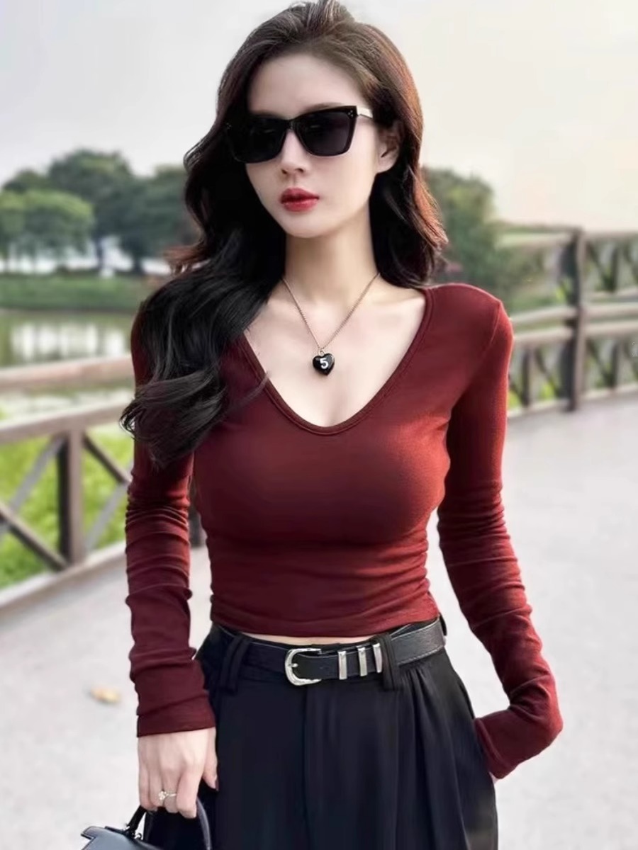 Autumn long-sleeved T-shirt women's bottoming shirt 2023 new autumn and winter high-end slimming short v-neck top