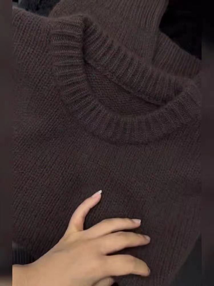 美拉德棕色圓領毛衣女秋季針織馬海毛套頭慵懶風軟糯加厚上衣秋冬