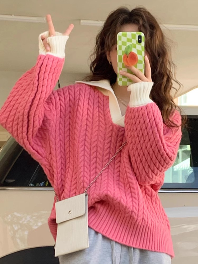 軟糯毛衣女春秋2023新款復古設計感撞色翻領加厚寬鬆長袖針織上衣