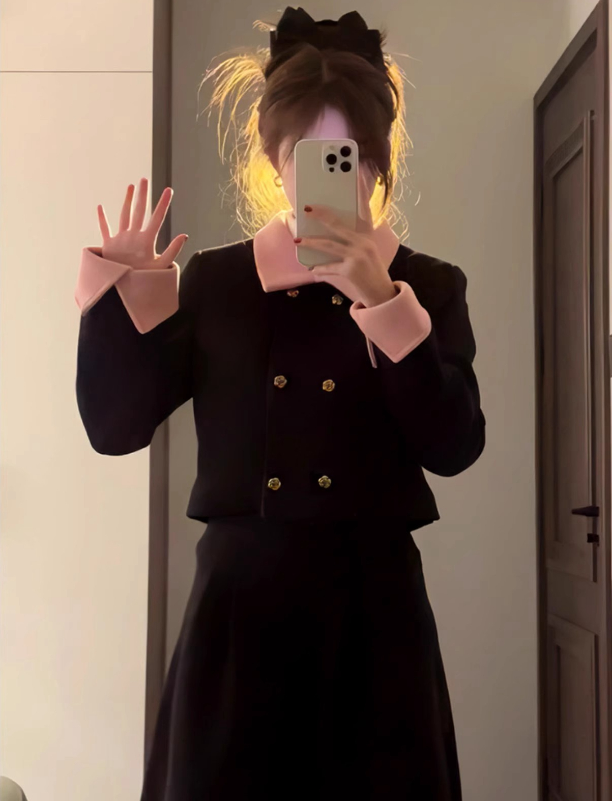 毛呢秋冬新款翻領短款小香風長袖外套女中長款顯瘦半身裙兩件套裝