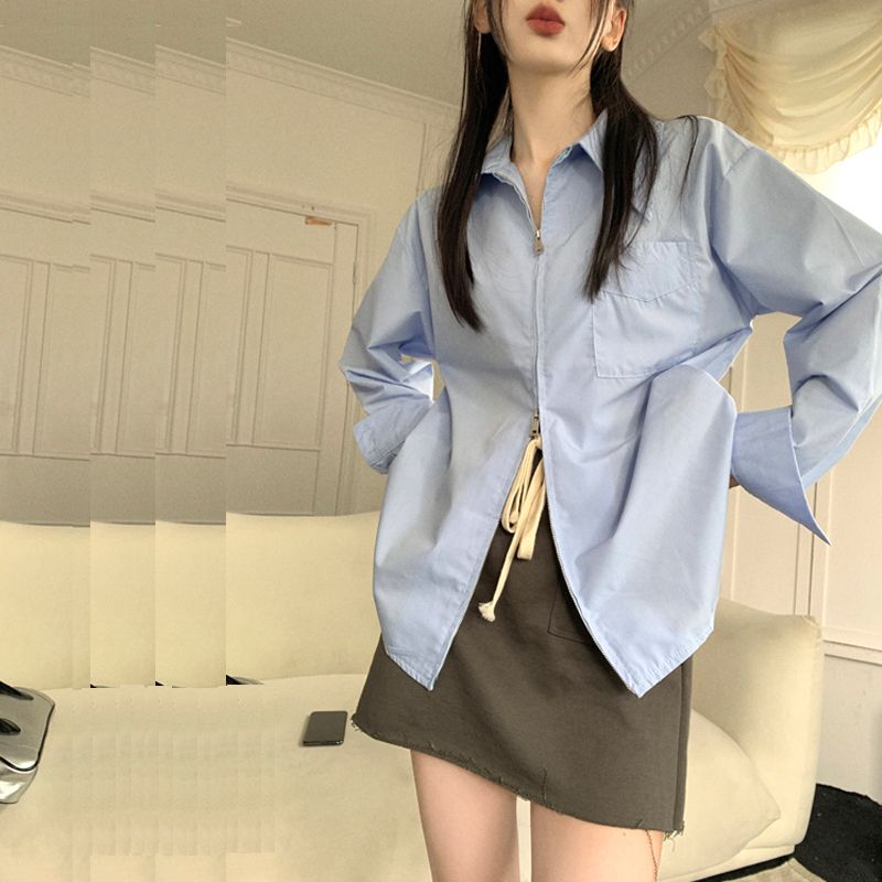 法式獨特别致設計感小眾雙拉鏈白襯衫女秋新款慵懶寬鬆打底襯衣