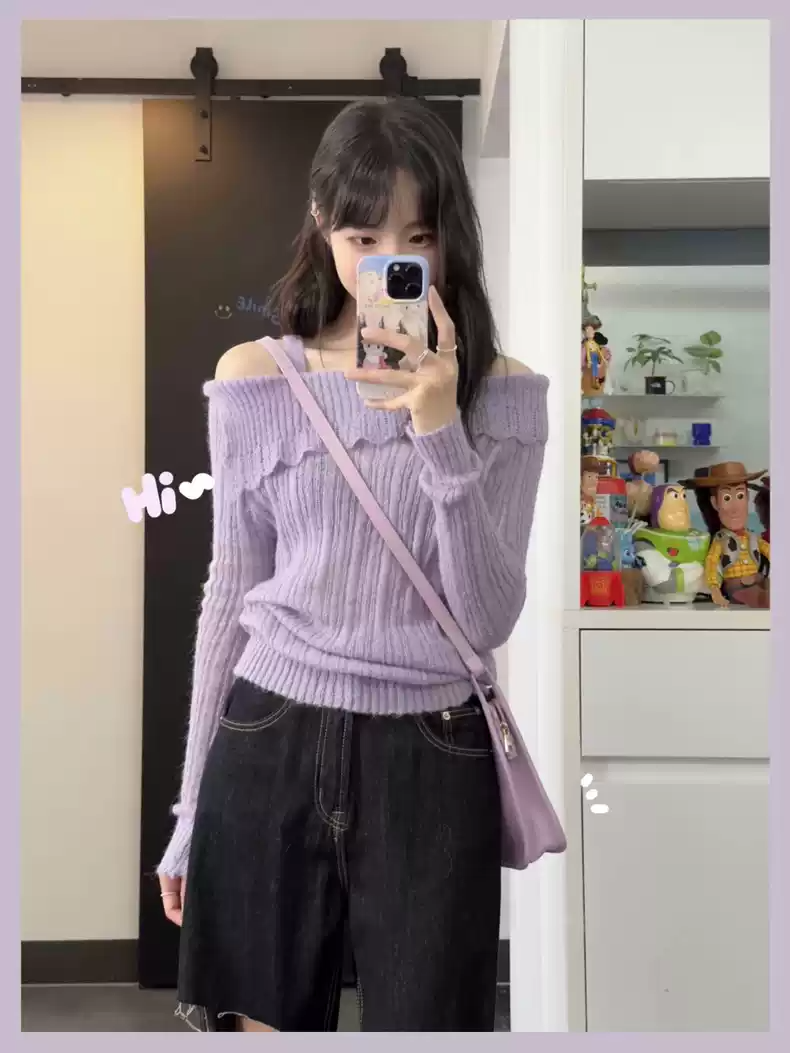 超好看紫色一字肩毛衣純欲風設計感吊帶針織衫上衣女2023新款秋款