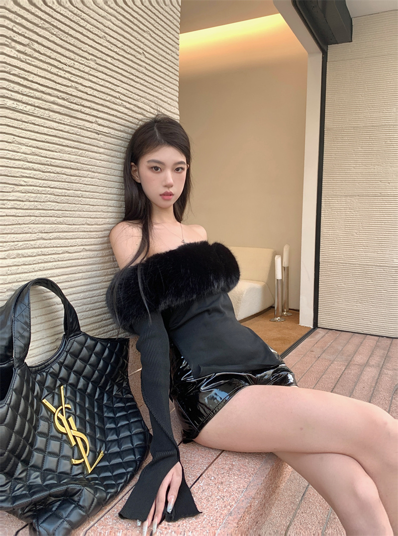實拍  復古氣質性感辣妹針織一字肩毛領上衣