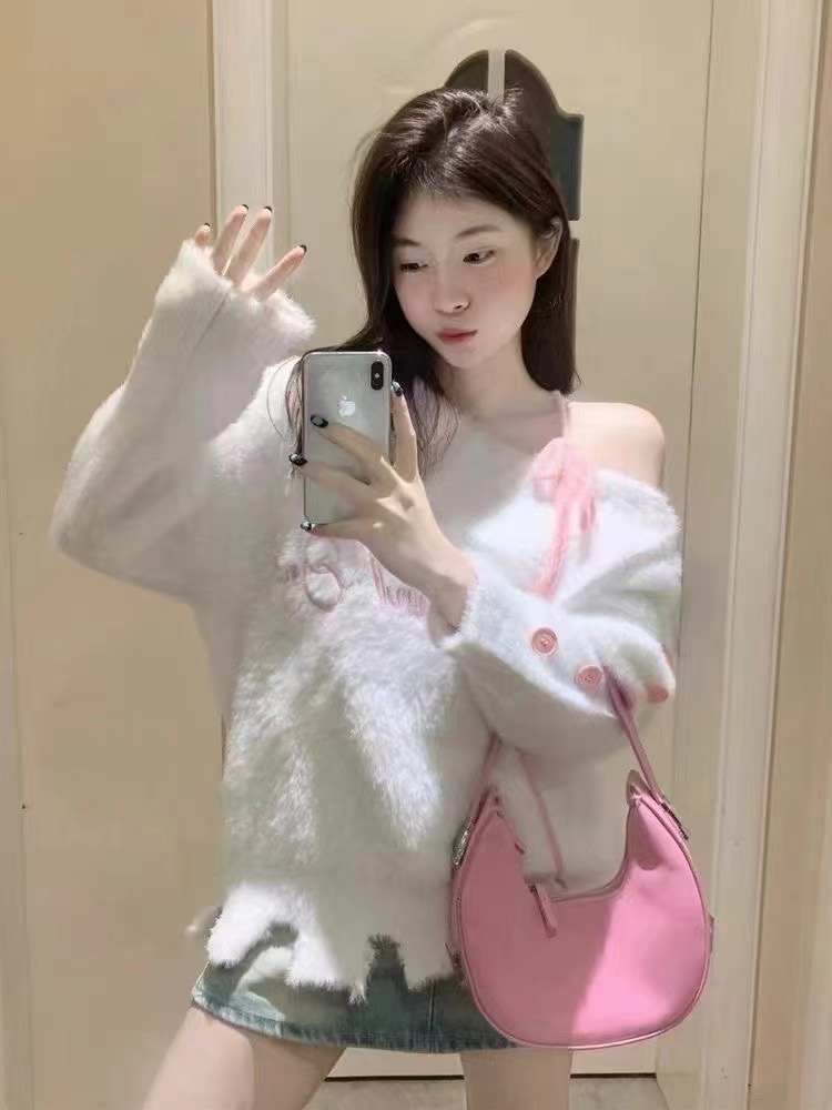 甜美風鏤空貂毛短款白色毛衣女秋冬季寬鬆顯瘦長袖針織衫減齡上衣