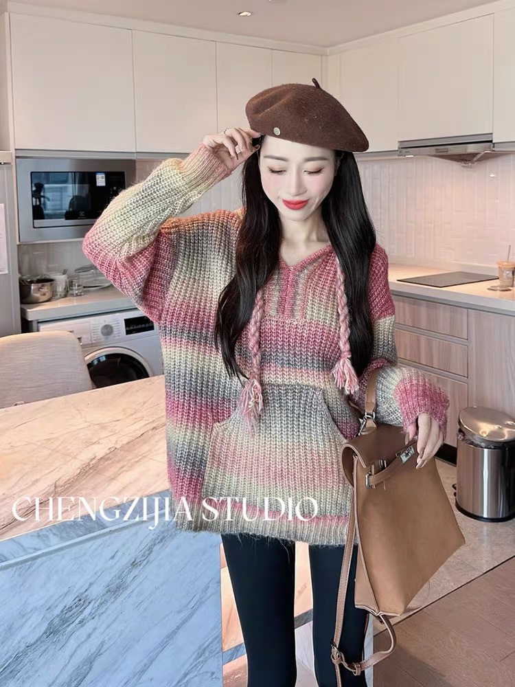 高級感彩色連帽毛衣女秋冬慵懶風洋氣針織衫小個子寬鬆漂亮上衣潮