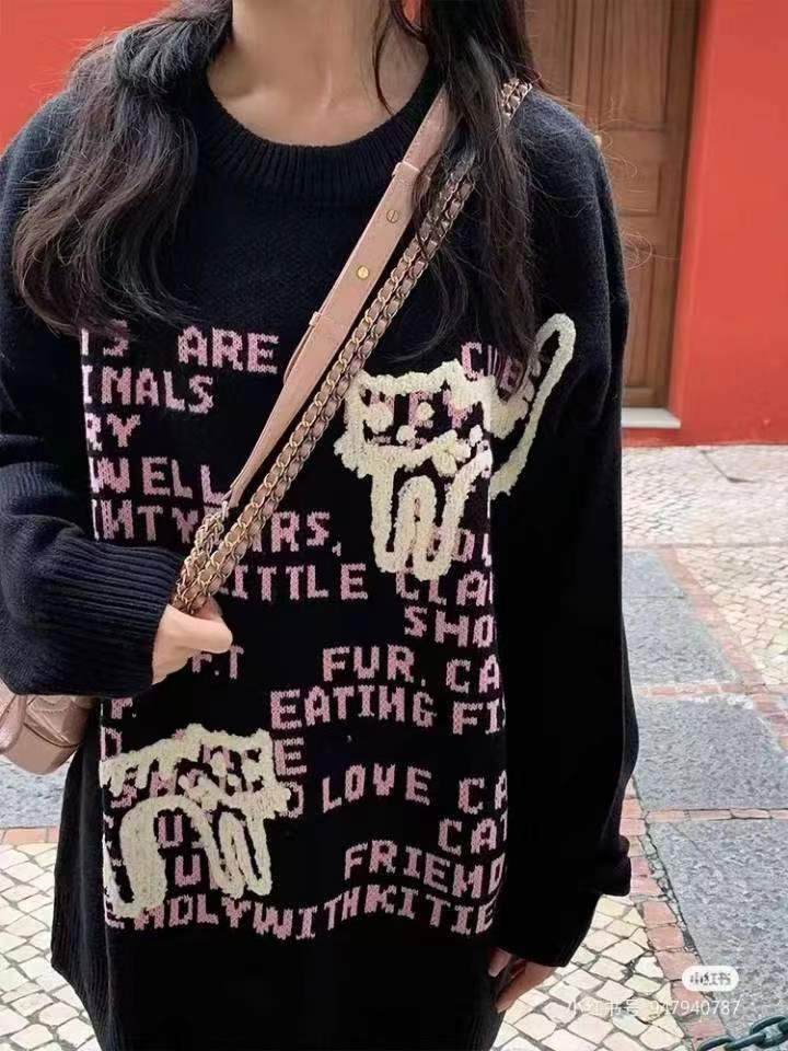 歐貨復古卡通貓咪字母印花針織毛衣女秋冬新款寬鬆中長款百搭上衣